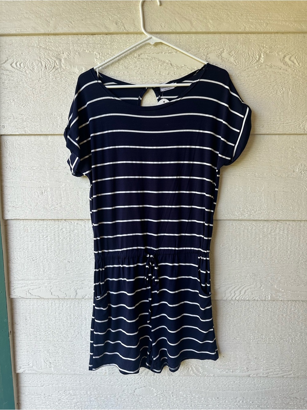 Navy blue and white striped romper